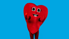 person in pleased heart costume showing thumbs up isolated on blue