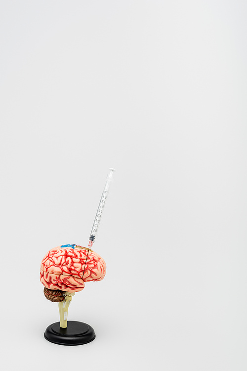 syringe in brain model on grey background with copy space, omicron variant concept