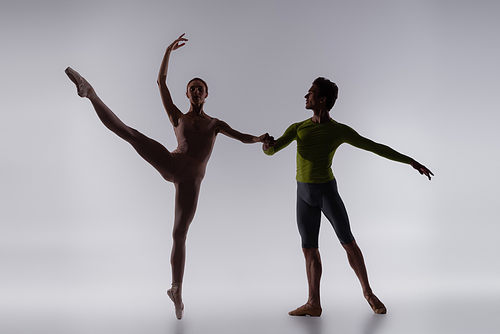 silhouette of dancer holding hands with ballerina on grey