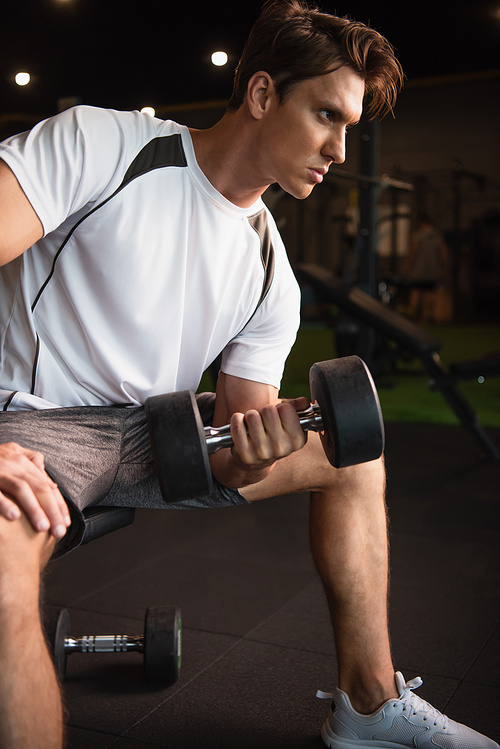 concentrated sportsman training with dumbbell in sitting pose