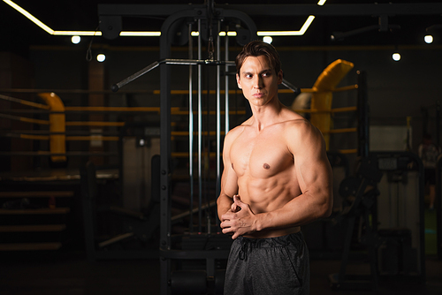 shirtless athletic man in shorts looking away while standing in sports center