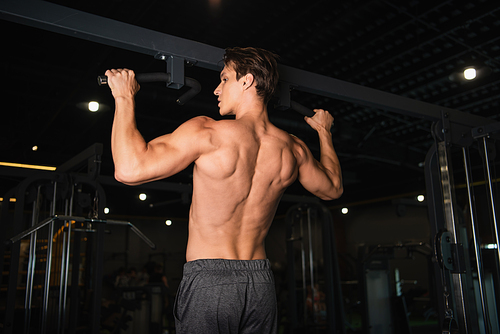 back view of shirtless muscular man working out on horizontal bar in gym