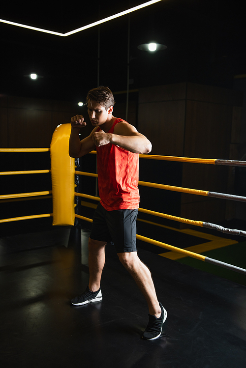 full length view of sportsman boxing in ring while training in gym