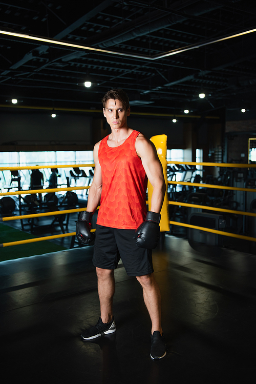 full length view of boxer looking away while standing in boxing ring