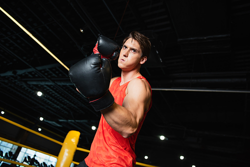athletic man in boxing gloves working out in sports center