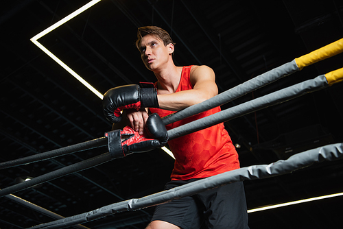 low angle view of boxer standing near ropes of boxing ring in gym