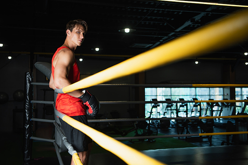 confident boxer  while leaning on ropes of ring in gym