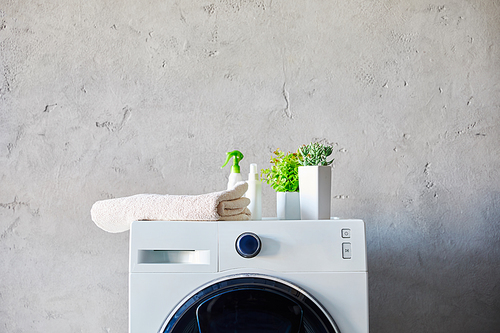 plants, towel and bottles on washing machine in bathroom