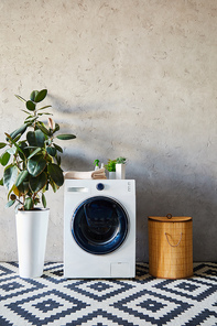 washing machine near plants bottles, towel and laundry basket in modern bathroom