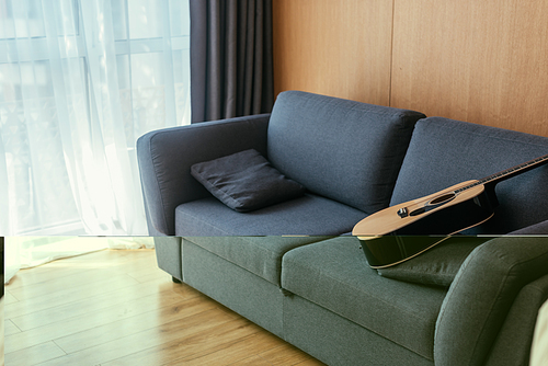 interior of living room with acoustic guitar on grey sofa and sunlight in large window