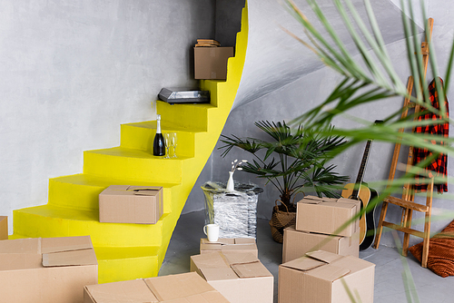 selective focus of carton boxes and champagne bottle on yellow stairs near plants and acoustic guitar in modern apartment