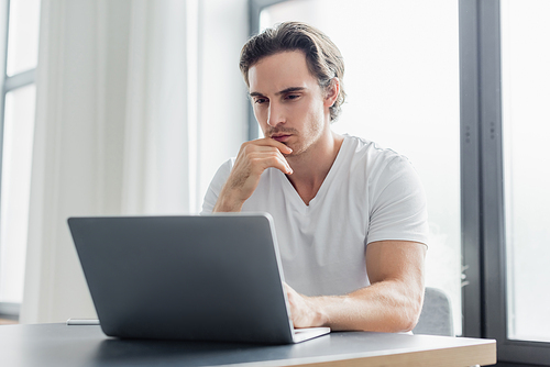 focused freelancer looking at laptop while working from home