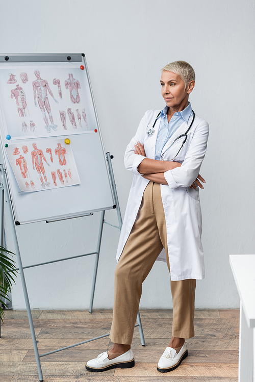 senior doctor in white coat with stethoscope standing with crossed arms near flip chart with anatomical pictures