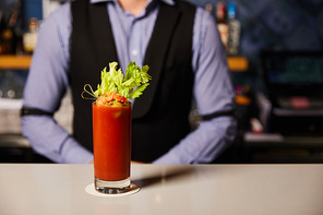cropped view of barman near bloody mary cocktail with celery and shrimp in glass