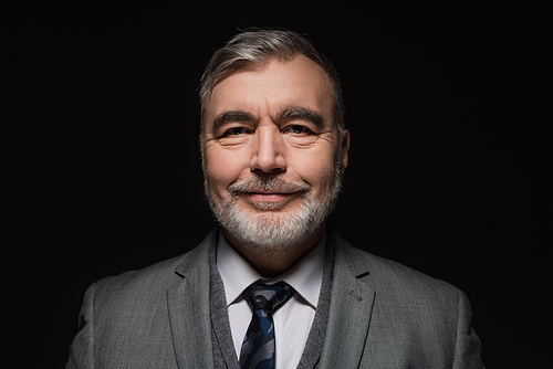 cheerful bearded man in blazer and tie  isolated on black