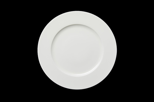 top view of white empty round plate isolated on black