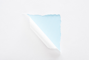 white torn and rolled paper on light blue striped background