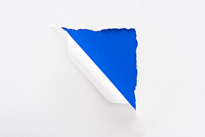 white torn and rolled paper on electric blue colorful background