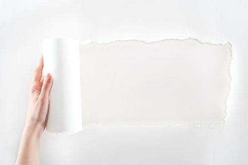 cropped view of woman holding textured paper with rolled edge on white background