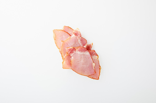 top view of delicious ham slices isolated on white