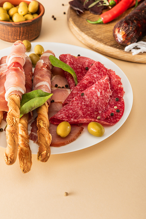 delicious meat platters served with olives, spices and breadsticks on plate and wooden board on beige