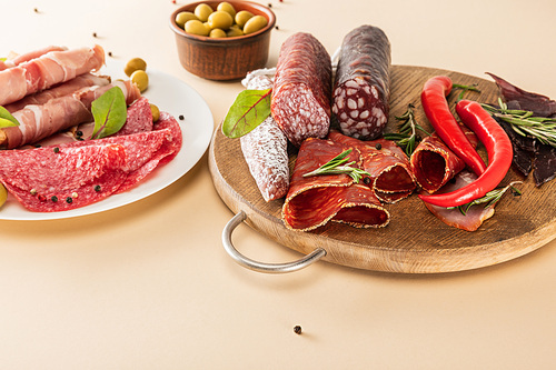 delicious meat platters served with olives, spices on plate and wooden board on beige
