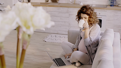 Pregnant woman drinking tea and using laptop at home