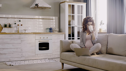 Pregnant freelancer drinking tea and using laptop on couch in kitchen