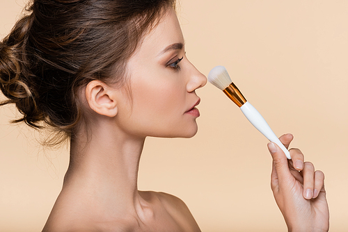 Side view of brunette woman holding cosmetic brush near nose isolated on beige