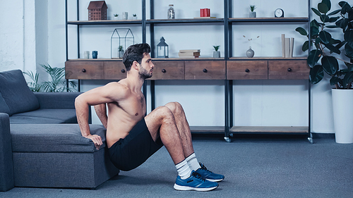 side view of shirtless sportsman in shorts squatting near sofa at home