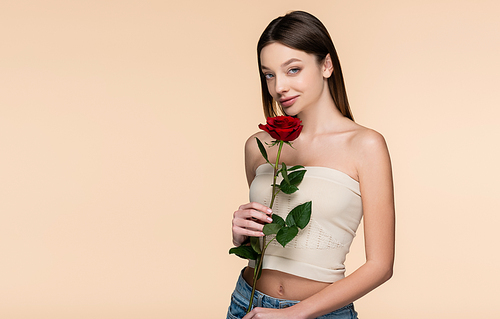 brunette young woman with bare shoulders holding red rose isolated on beige