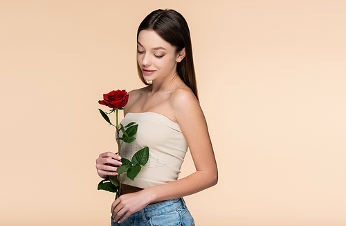 brunette young woman with bare shoulders looking at red rose isolated on beige