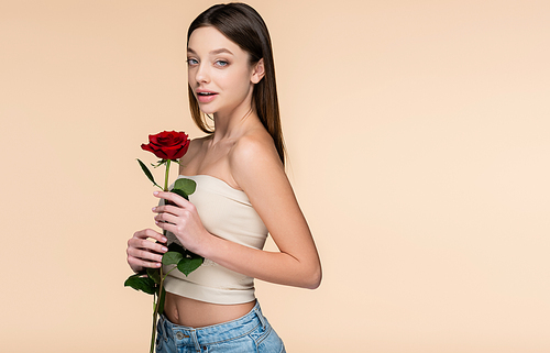 brunette woman with bare shoulders holding rose isolated on beige