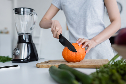 cropped view of woman cutting ripe pumpkin near electric shaker and blurred cucumbers