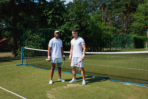 Multiethnic tennis players holding rackets near net on court