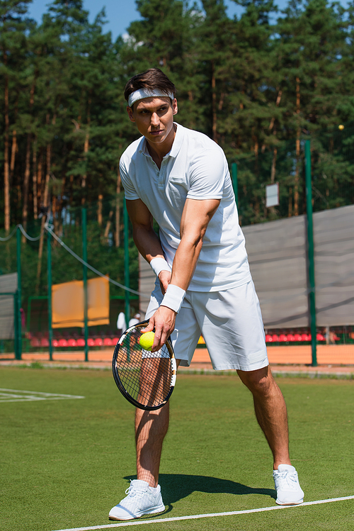 Sportive man holding racket and ball on lawn of tennis court