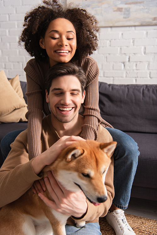 Young african american woman petting shiba inu with boyfriend at home