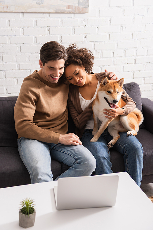 Smiling interracial couple with shiba inu dog looking at laptop in living room