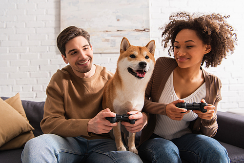 KYIV, UKRAINE - DECEMBER 22, 2021: Multiethnic couple looking at shiba inu and playing video game in living room