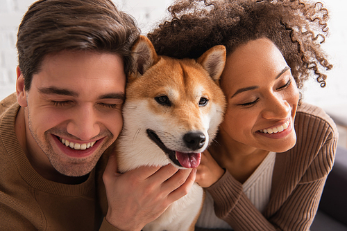 Smiling multiethnic couple with closed eyes petting shiba inu at home