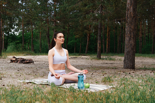 peaceful young woman in sportswear sitting in lotus pose and meditating on yoga mat