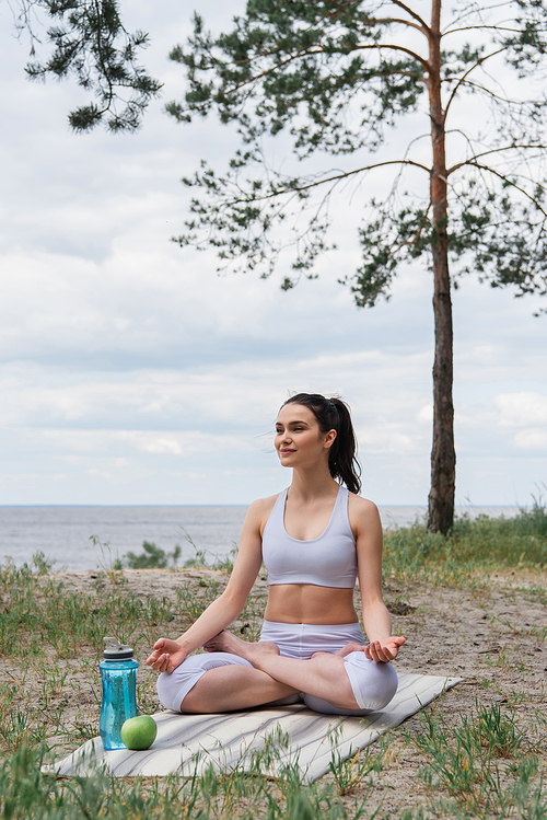 pleased young woman in sportswear sitting in lotus pose and meditating on yoga mat