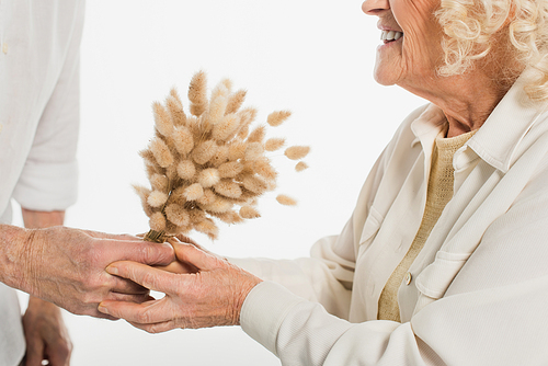 partial view of elderly man presenting dried flowers to wife isolated on white