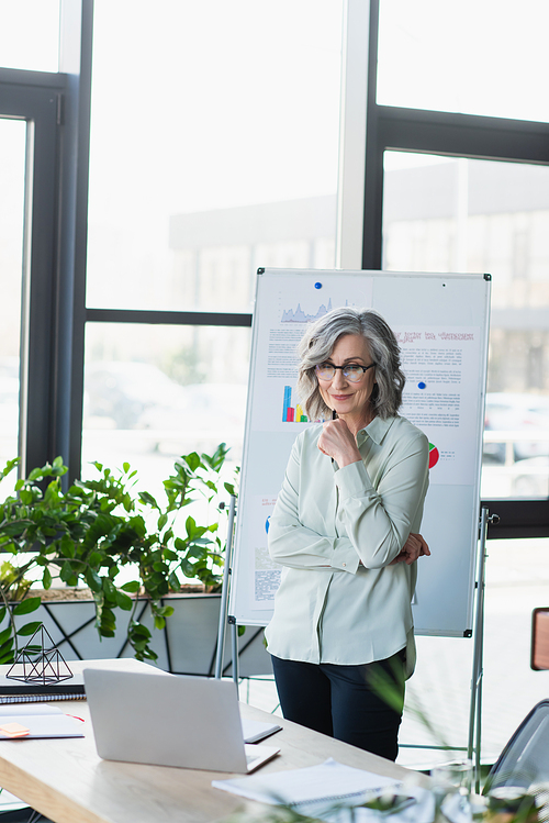 Businesswoman in eyeglasses looking at laptop near flip chart in office