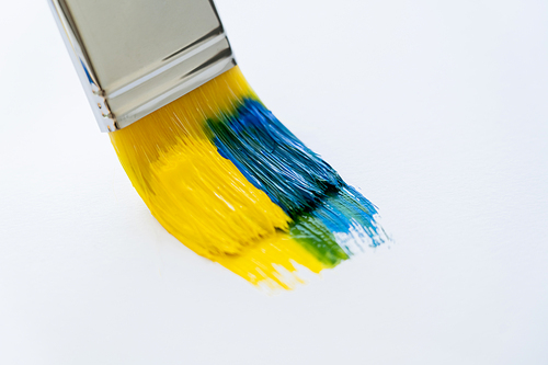 Close up view of blue and yellow paints on paintbrush on white background