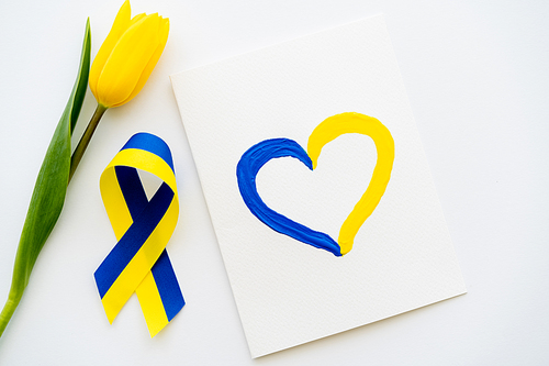 Top view of tulip near blue and yellow ribbon and card with painted heart sign on white background