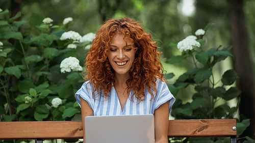 cheerful redhead freelancer using laptop while sitting on bench in park