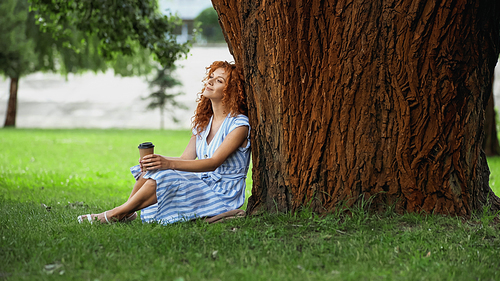full length of pleased redhead woman in dress sitting under tree trunk and holding paper cup
