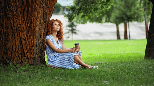 full length of dreamy redhead woman in dress sitting under tree trunk and holding paper cup