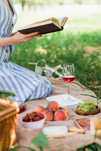 Cropped view of woman reading book near food and wine in park